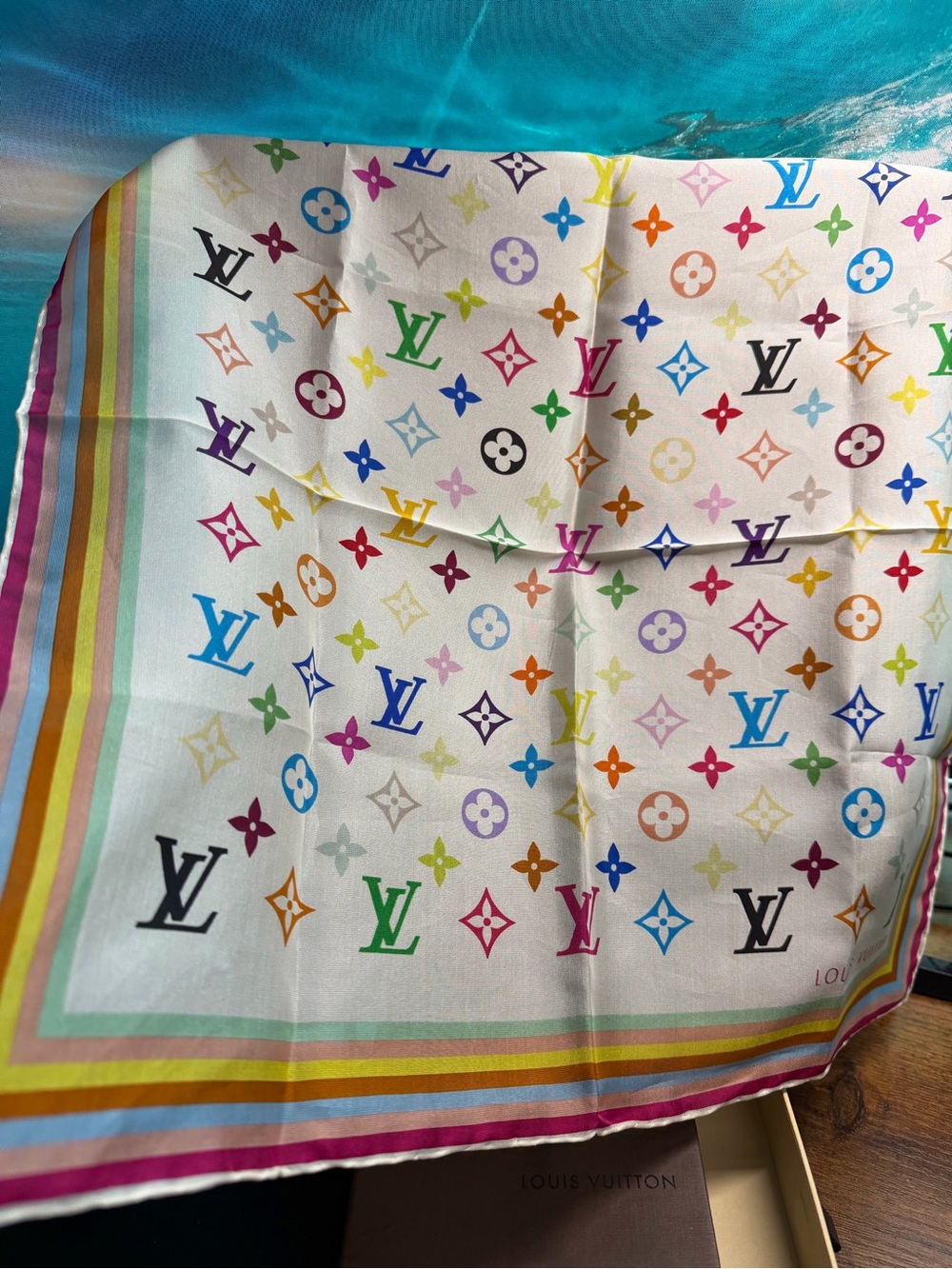 Louis Vuitton White Silk Scarf with Multicolor Monogram W/Box - Picture 1 of 7